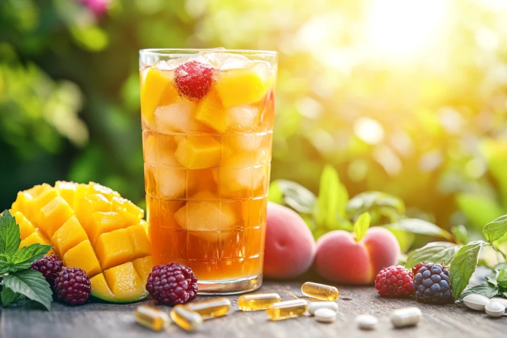 A tall glass of loaded iced tea surrounded by fresh fruits and tea bags, set in a sunny outdoor garden.