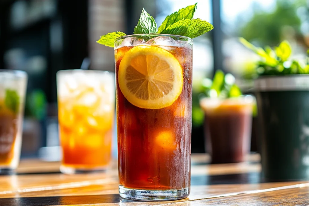 A refreshing glass of iced tea with lemon and mint, alongside matcha and Thai iced tea.