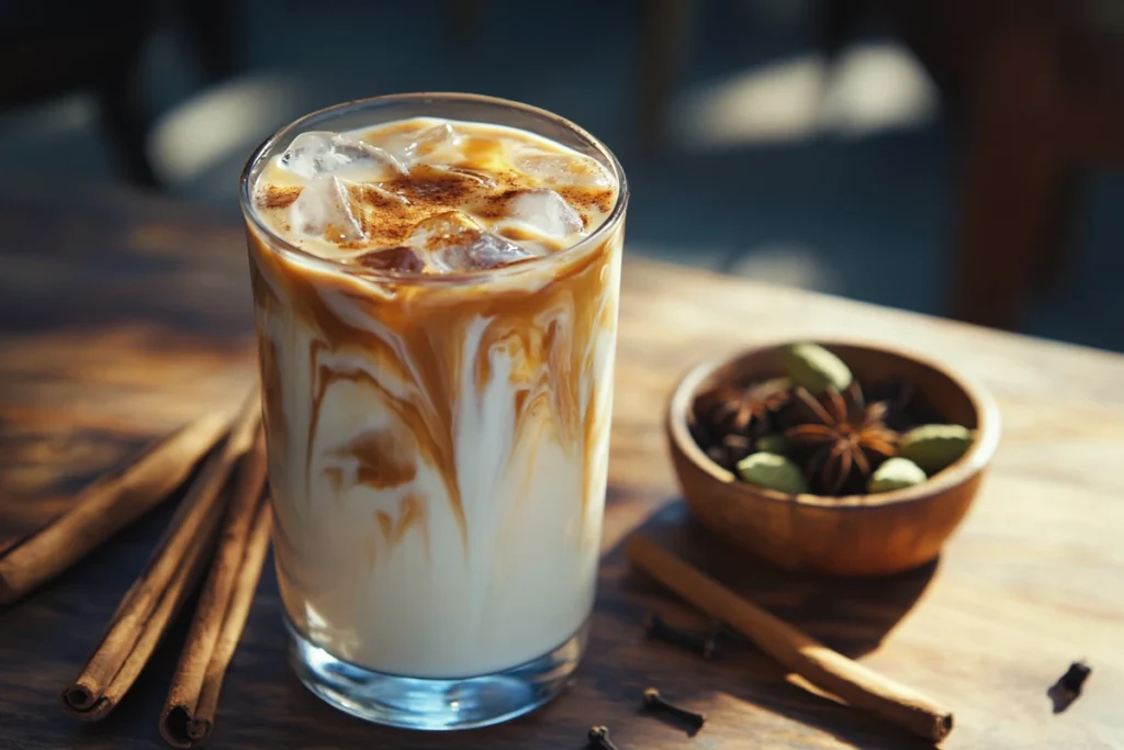 A glass of iced vanilla chai latte with visible layers, surrounded by cinnamon sticks, vanilla beans, and spices on a rustic wooden table.