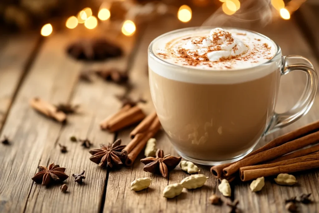 A warm cup of chai latte with vanilla on a rustic wooden table surrounded by spices.