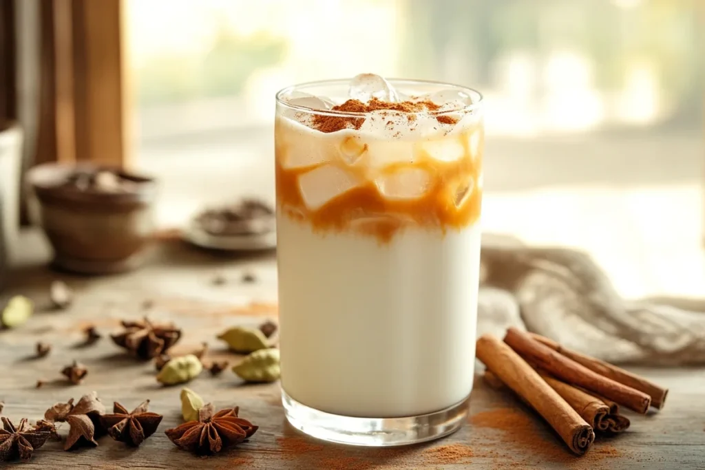 A glass of iced chai latte with spices on a rustic table.