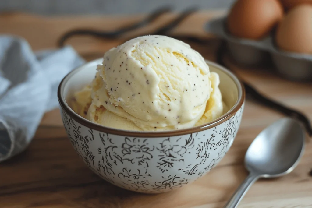 Single scoop of French vanilla ice cream garnished with mint in an elegant bowl.