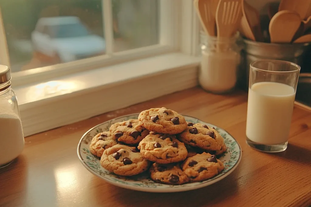 Freshly baked small batch chocolate chip cookies on a wooden counter with baking ingredients in the background.