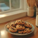 Freshly baked small batch chocolate chip cookies on a wooden counter with baking ingredients in the background.