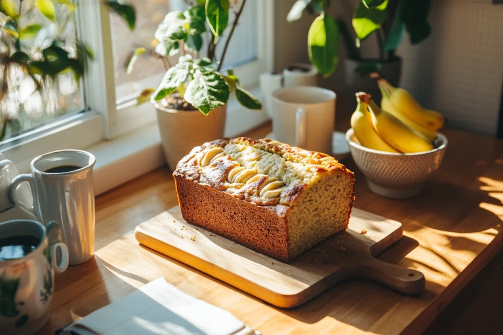 Freshly baked banana bread sliced on a wooden cutting board in an office kitchen, with coffee mugs and bananas in the background.