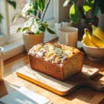 Freshly baked banana bread sliced on a wooden cutting board in an office kitchen, with coffee mugs and bananas in the background.