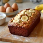 Golden-brown 4-ingredient banana bread with fresh bananas, flour, sugar, and eggs on a kitchen counter.