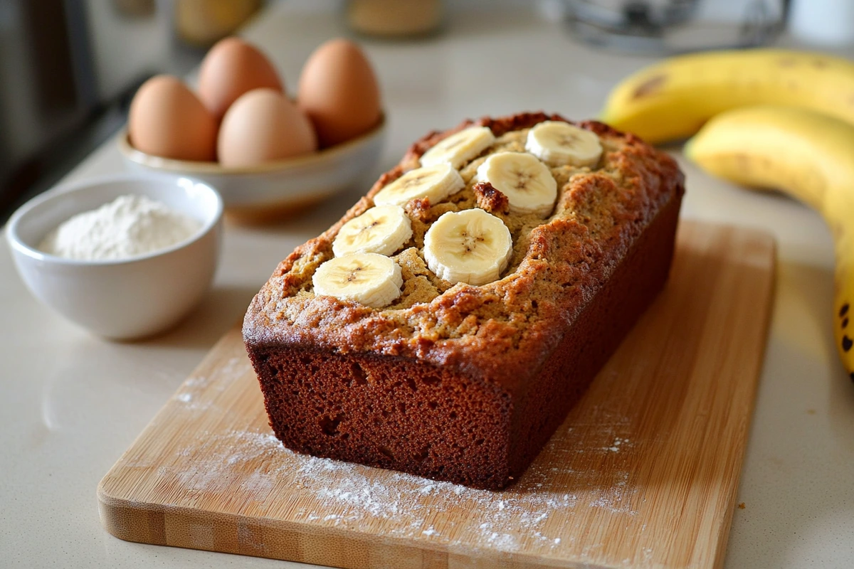 Golden-brown 4-ingredient banana bread with fresh bananas, flour, sugar, and eggs on a kitchen counter.