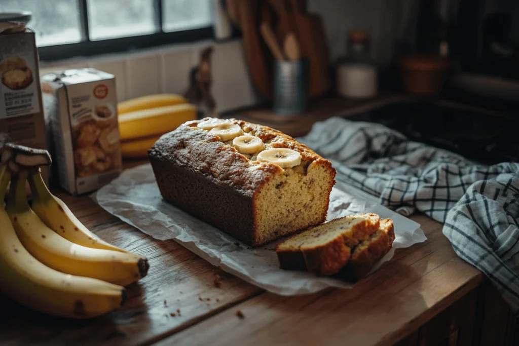 Freshly baked cake mix banana bread on a wooden table with bananas and cake mix in a cozy kitchen.