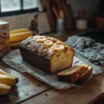 Freshly baked cake mix banana bread on a wooden table with bananas and cake mix in a cozy kitchen.