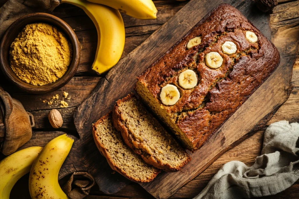 Overhead shot of a sliced loaf of 3 ingredient banana bread on a rustic table, surrounded by ripe bananas and cake mix.