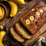 Overhead shot of a sliced loaf of 3 ingredient banana bread on a rustic table, surrounded by ripe bananas and cake mix.