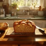 Loaf of Betty Crocker Banana Bread sliced on a wooden kitchen counter with baking ingredients