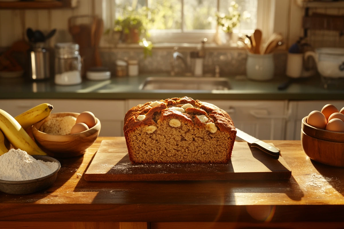 Loaf of Betty Crocker Banana Bread sliced on a wooden kitchen counter with baking ingredients