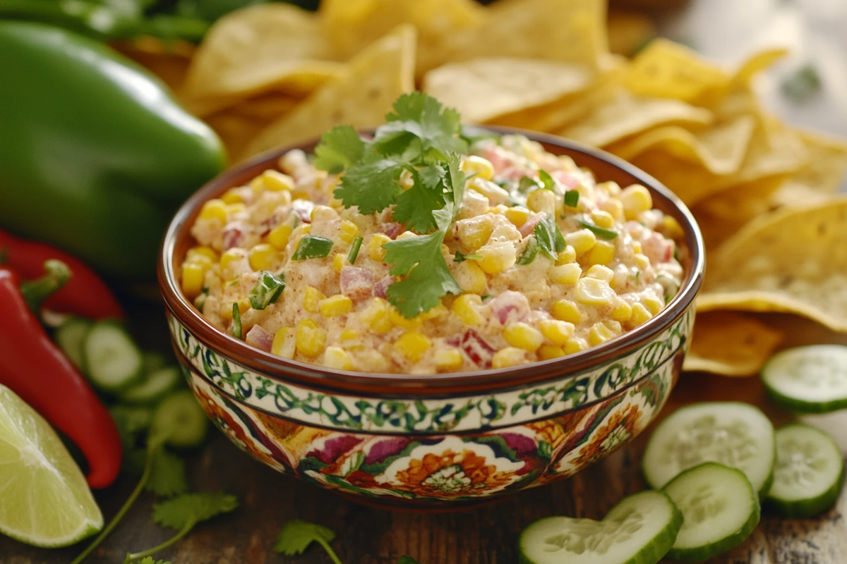 Costco's Rojo's Street Corn Dip with tortilla chips and vegetables.