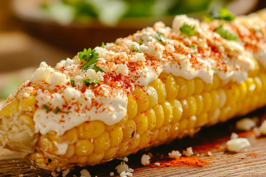 Close-up of Mexican street corn with mayonnaise, chili powder, cilantro, and crumbled cheese