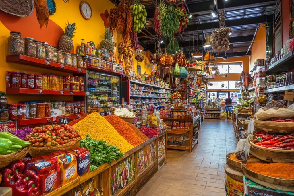 Colorful display of produce and spices in a Mexican grocery store