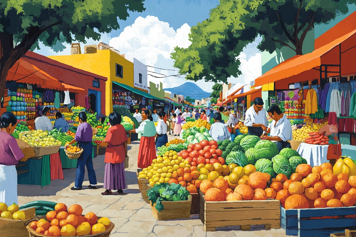 Mexican marketplace scene with traditional tianguis and modern supermarkets