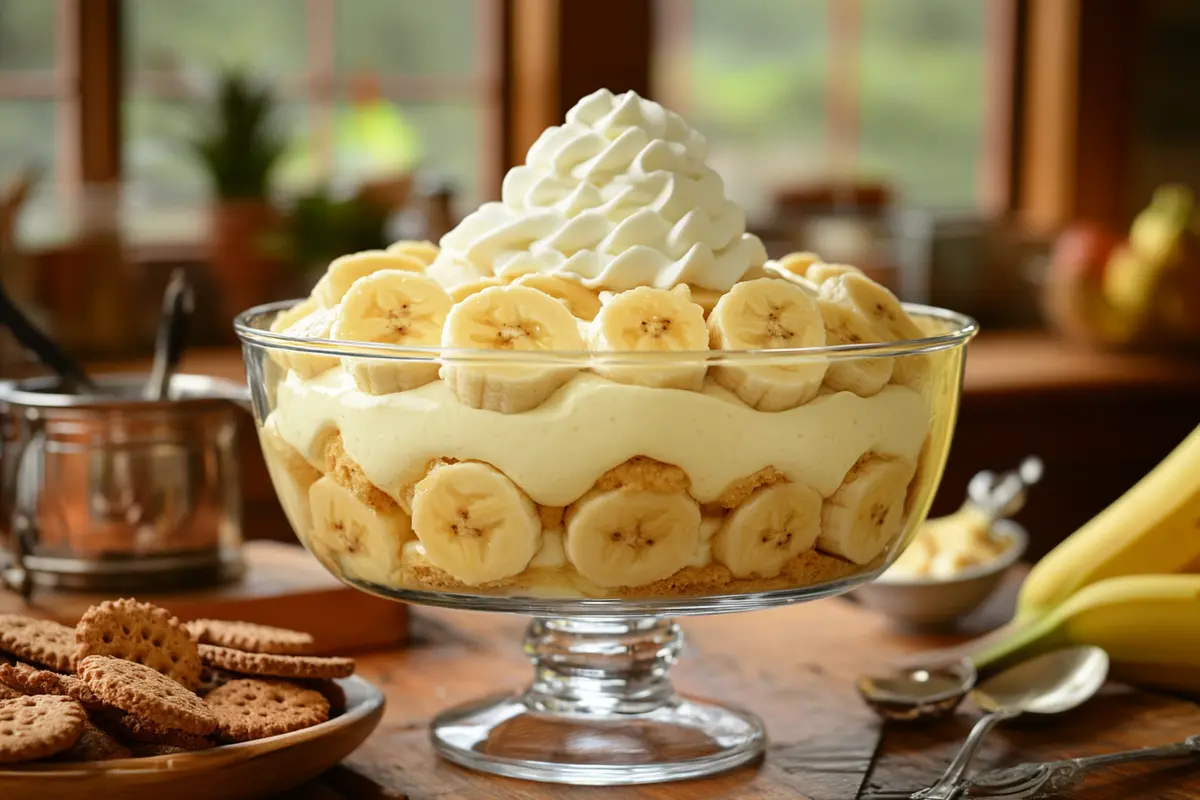 A clear glass dish of banana pudding layered with bananas, pudding, and vanilla wafers.