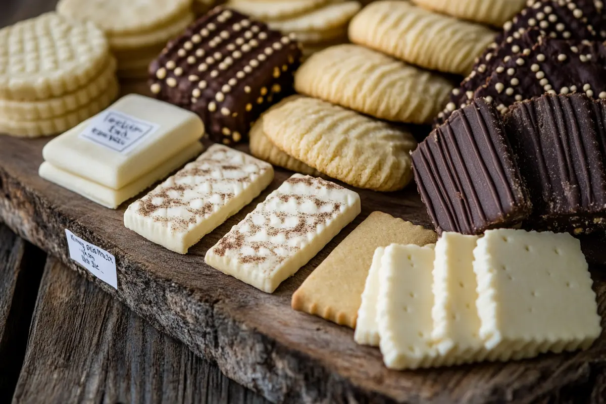 Various types of cookies including Chessman, shortbread, butter cookies, and Nilla wafers, each labeled with characteristics for easy comparison.