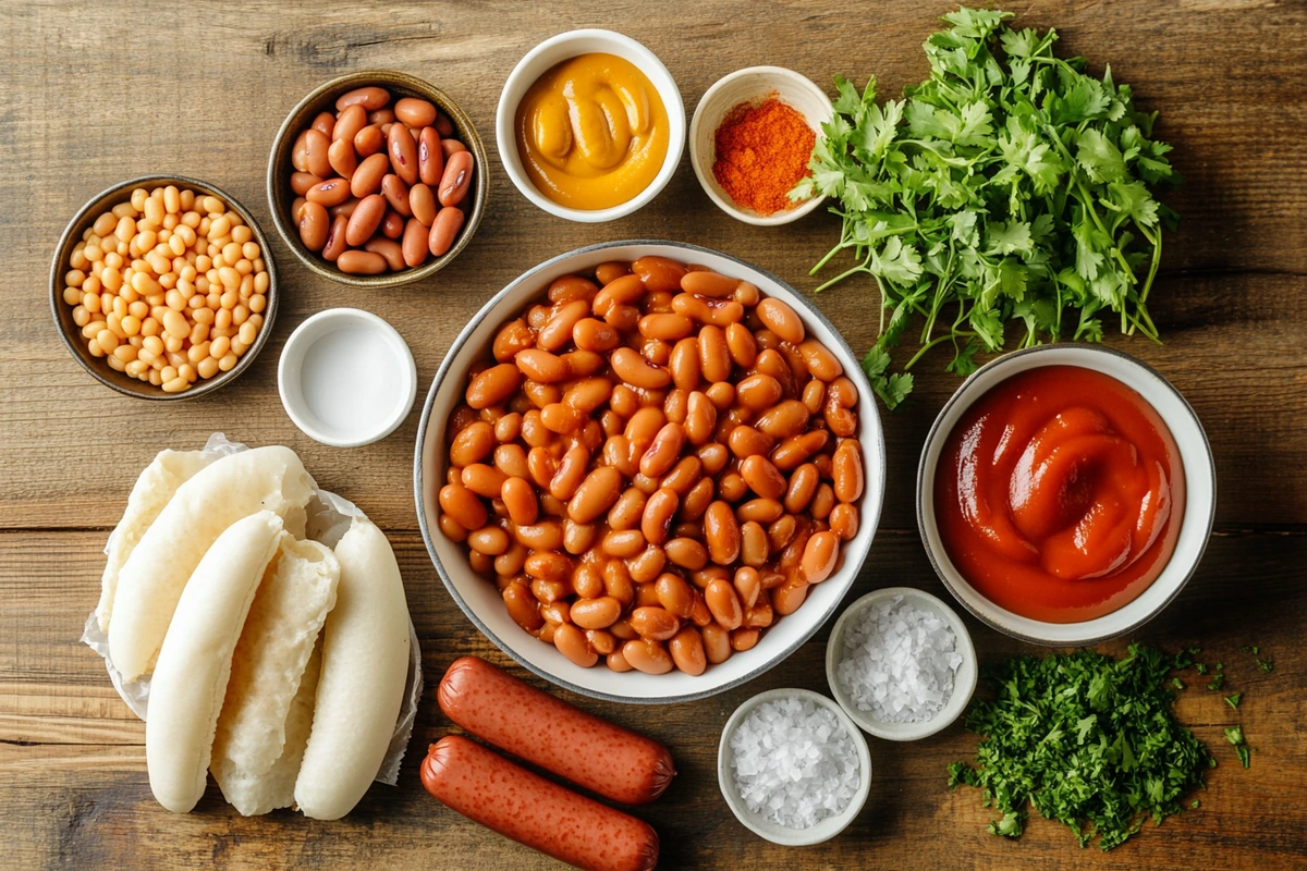 Step-by-step preparation of beanie weenies with ingredients on a table