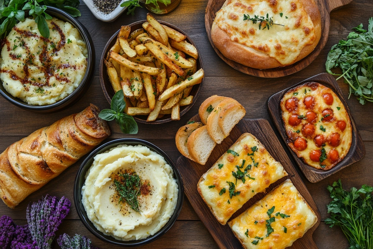 Creative side dishes including mashed potatoes, cheese fries, garlic bread, and butter rolls.