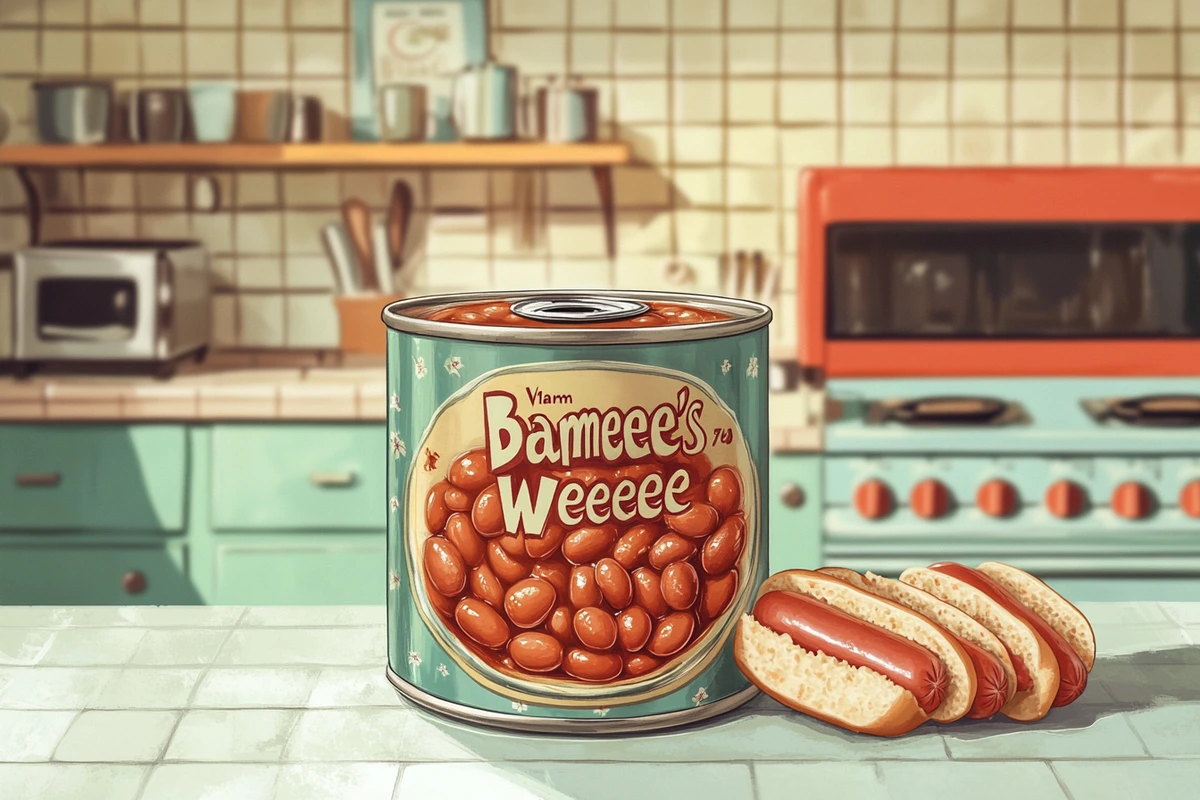 Vintage-style illustration of Van Camp’s Beanee Weenee can with retro kitchen.