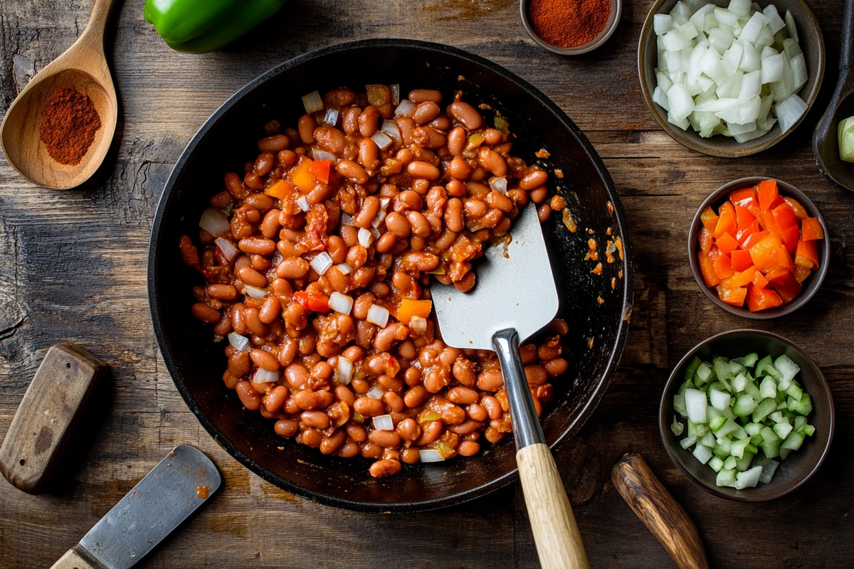 Overhead view of making beanie weenies with hot dogs and beans in a skillet.