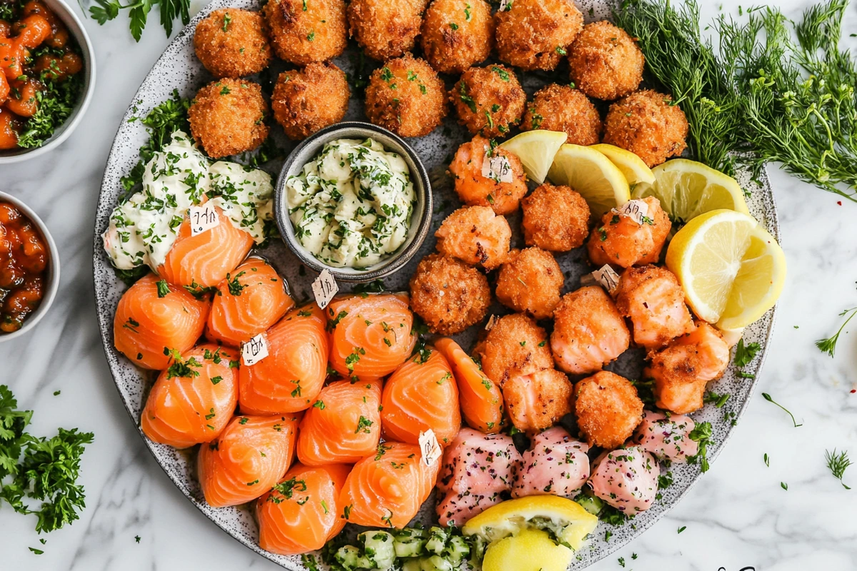 Assortment of different types of salmon bites on a platter with garnishes.