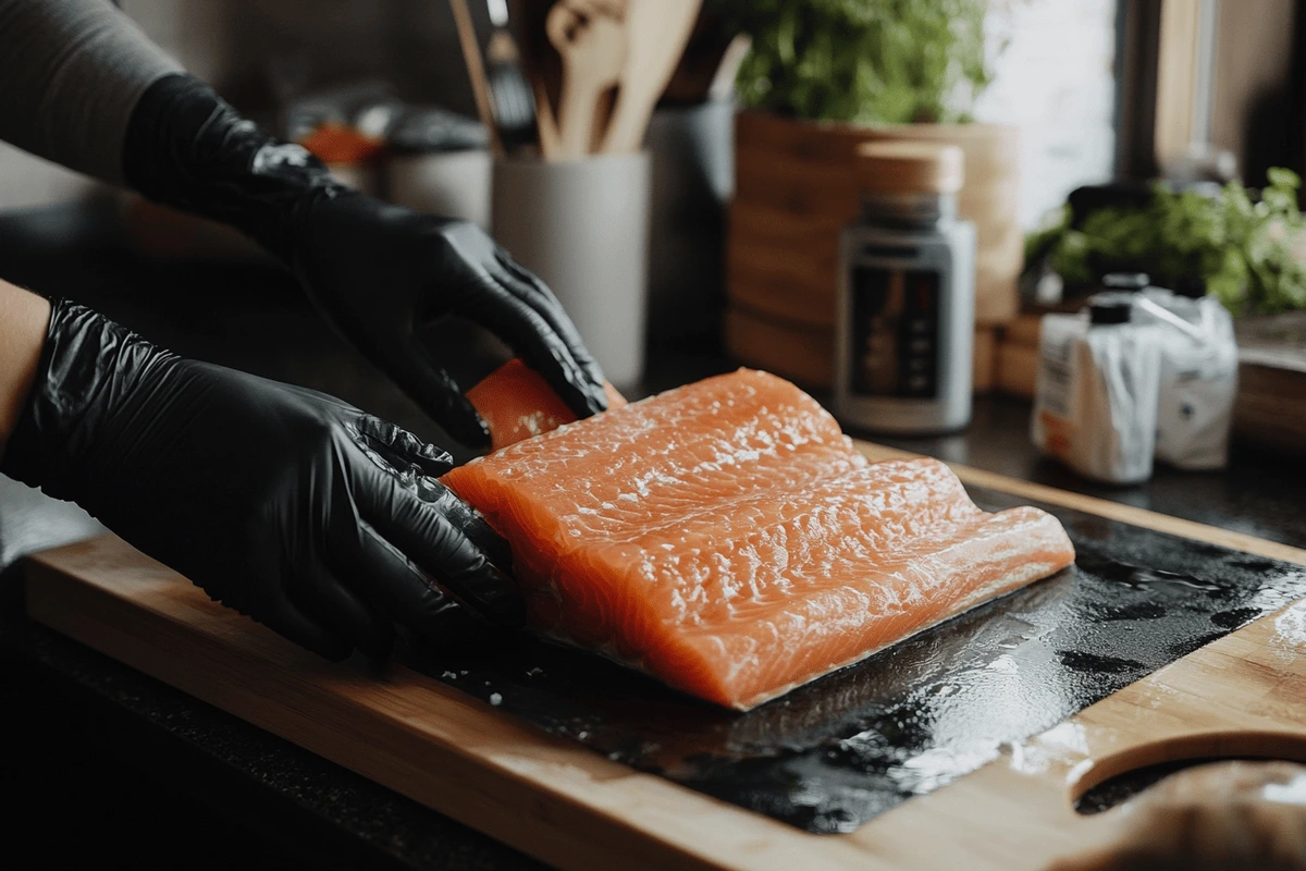 Person preparing raw salmon at home with gloves and a knife.