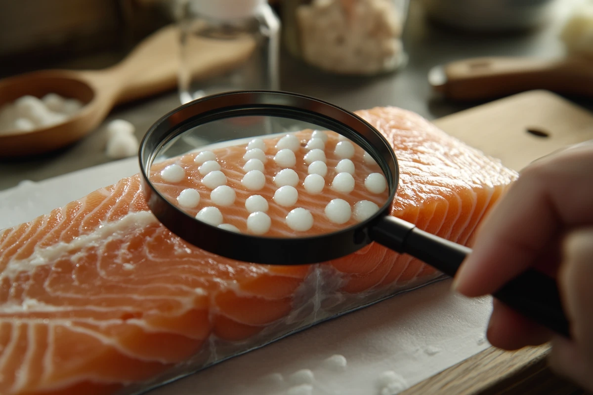 Person inspecting white balls in salmon fillet with a magnifying glass on a cutting board.