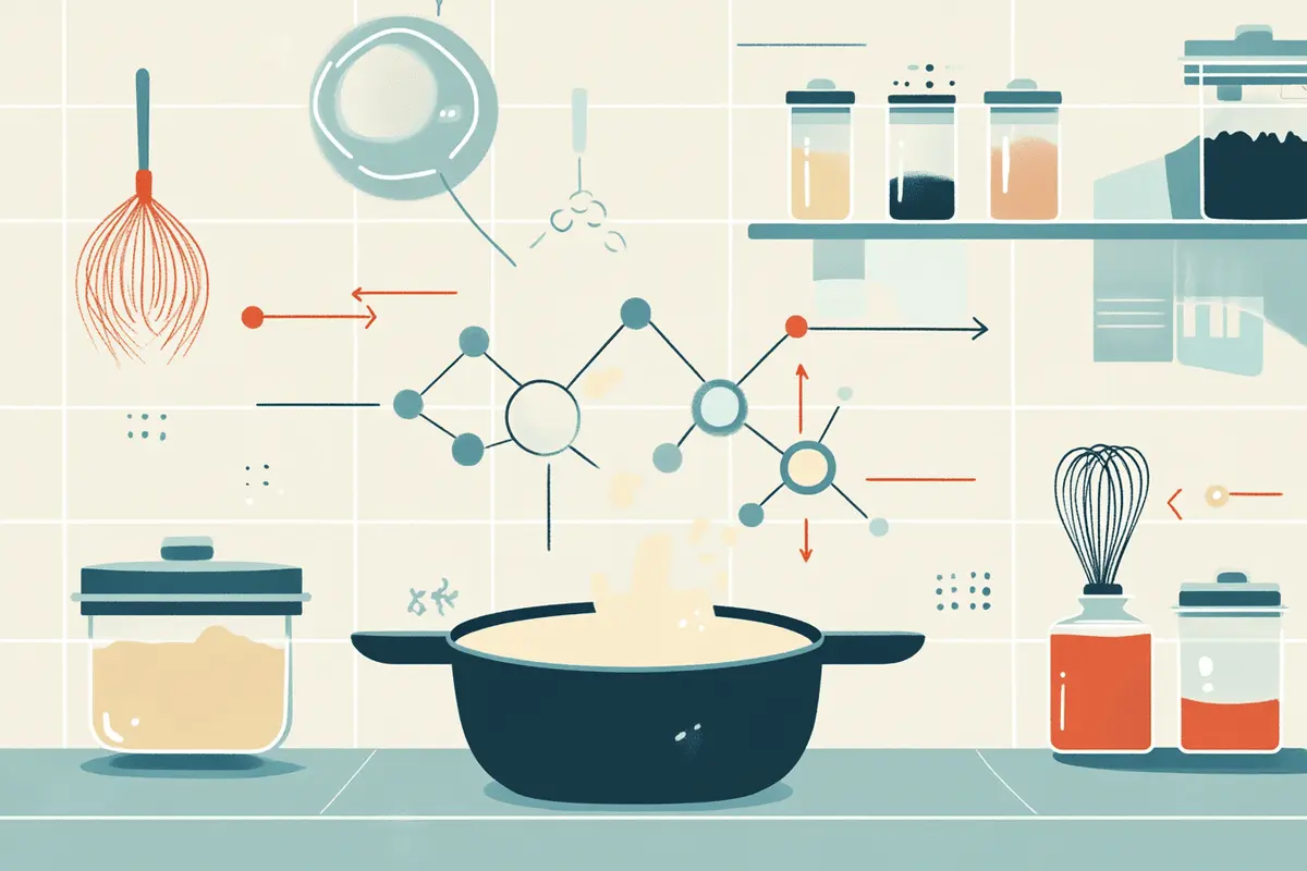 Illustration of starch granules and protein coagulation in custard