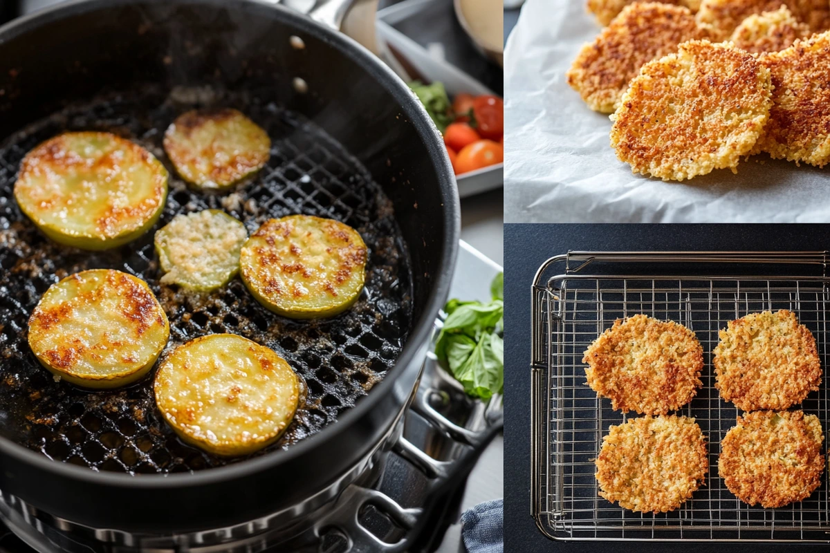 Three cooking methods for fried green tomatoes: skillet frying, air frying, and baking.