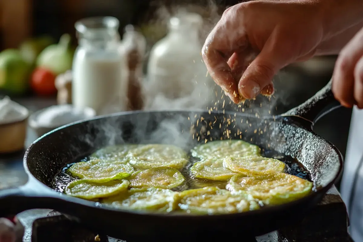 Chef frying green tomatoes coated in cornmeal in a cast-iron skillet.