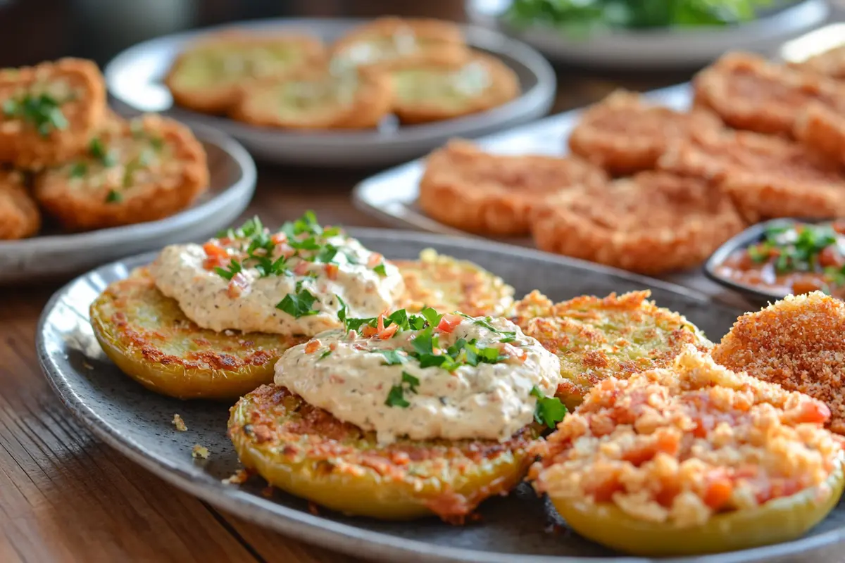 Variety of fried green tomatoes showing regional adaptations with different toppings