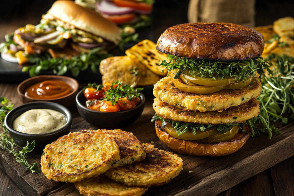 Different serving options for fried green tomatoes on a rustic wooden surface