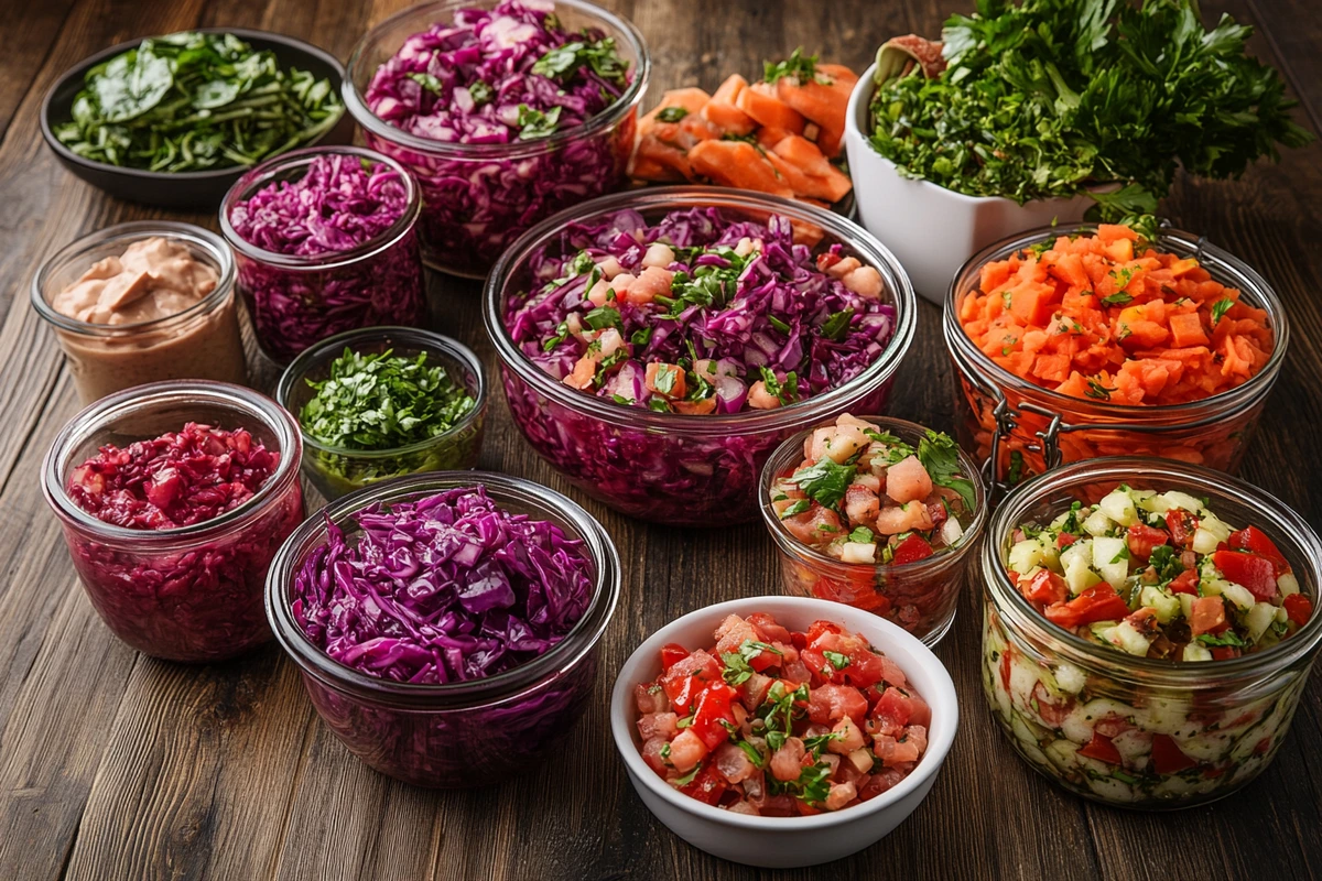 An assortment of red cabbage dishes, including pickled, braised, and coleslaw varieties.