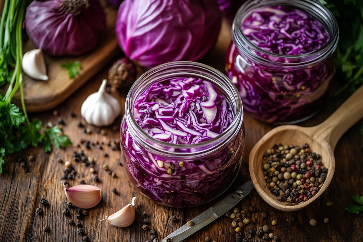 Jars of pickled and fermented red cabbage with spices on a wooden table.