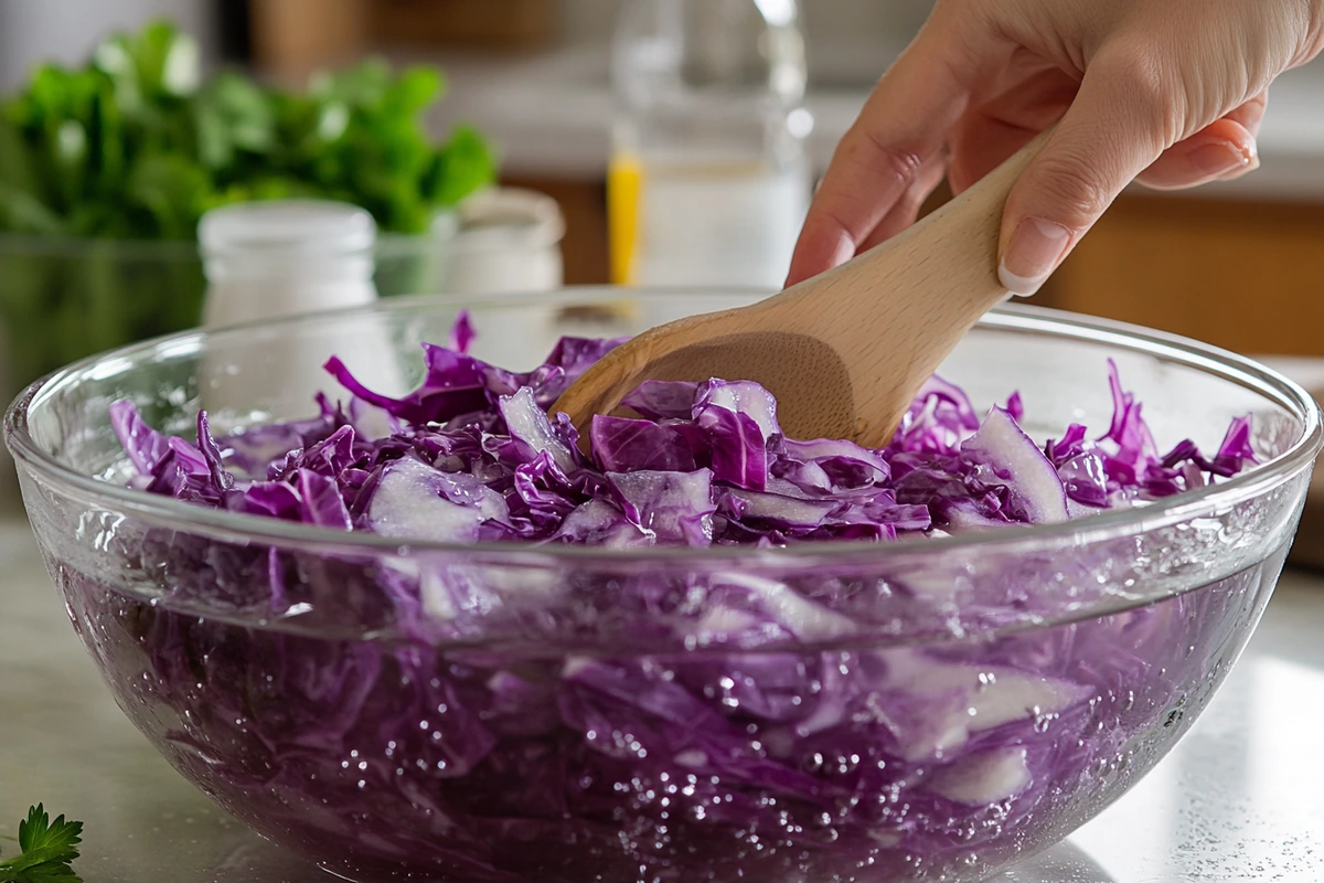 Hand stirring thinly sliced red cabbage soaking in cold water in a glass bowl.