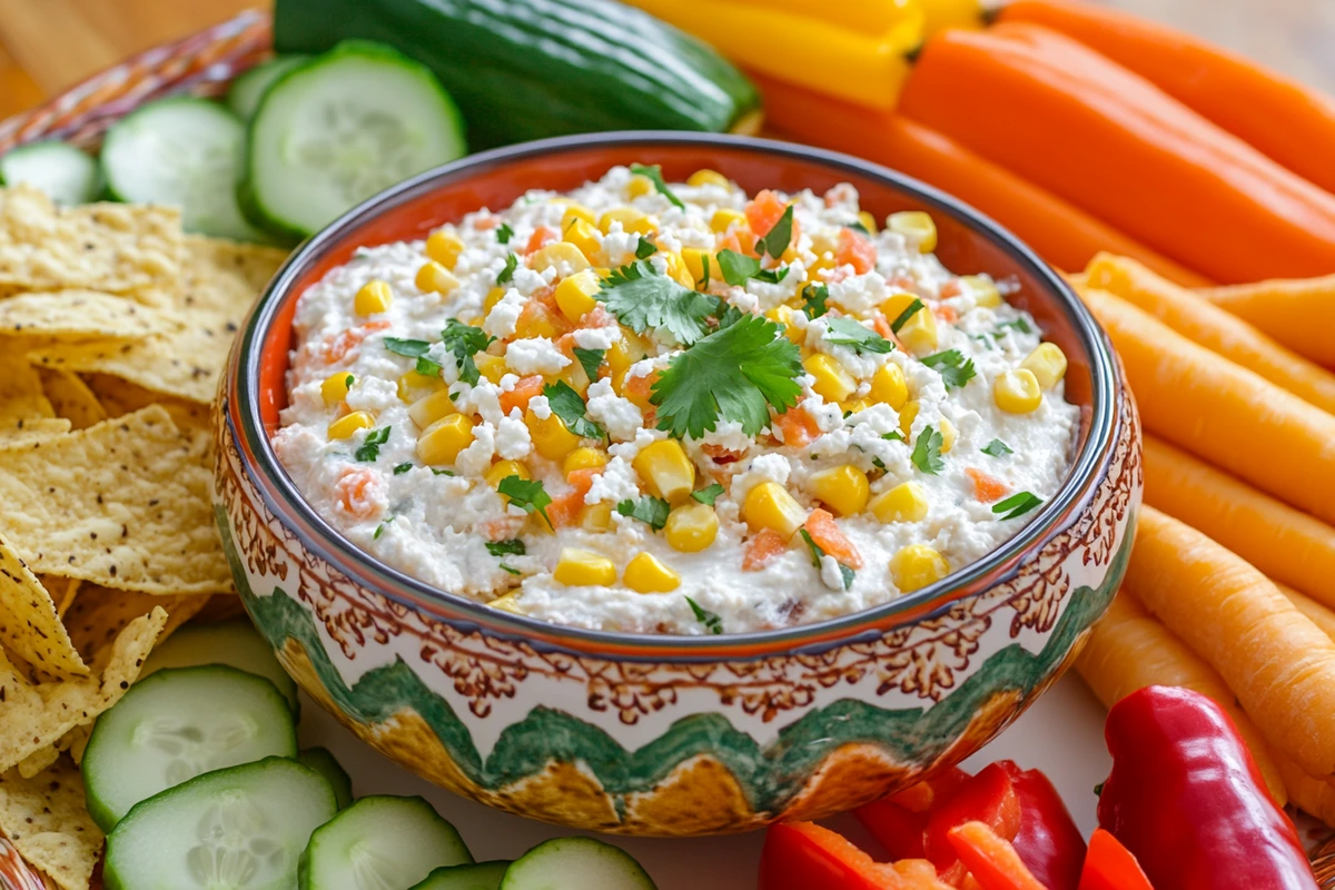 Mexican Street Corn Dip served with tortilla chips and fresh vegetable sticks.