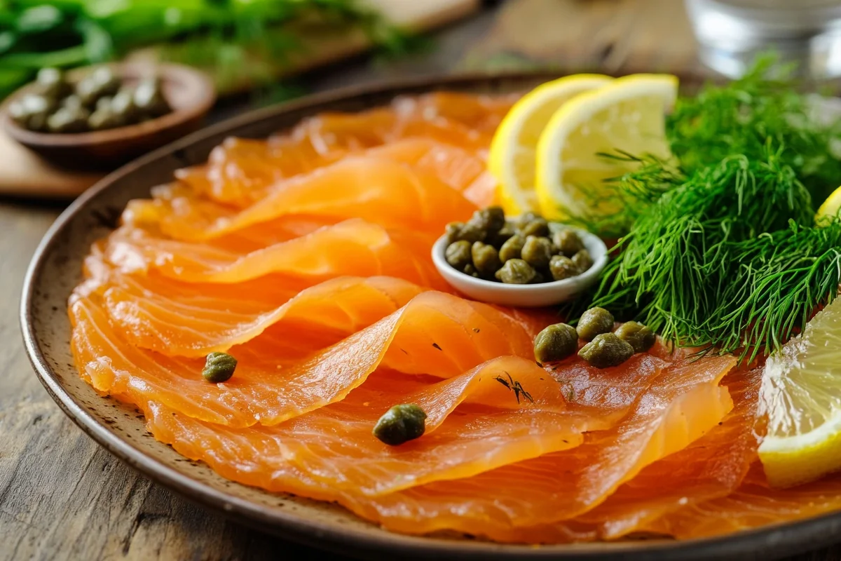 Cold-smoked salmon with lemon, dill, and omega-3 supplements representing health benefits.