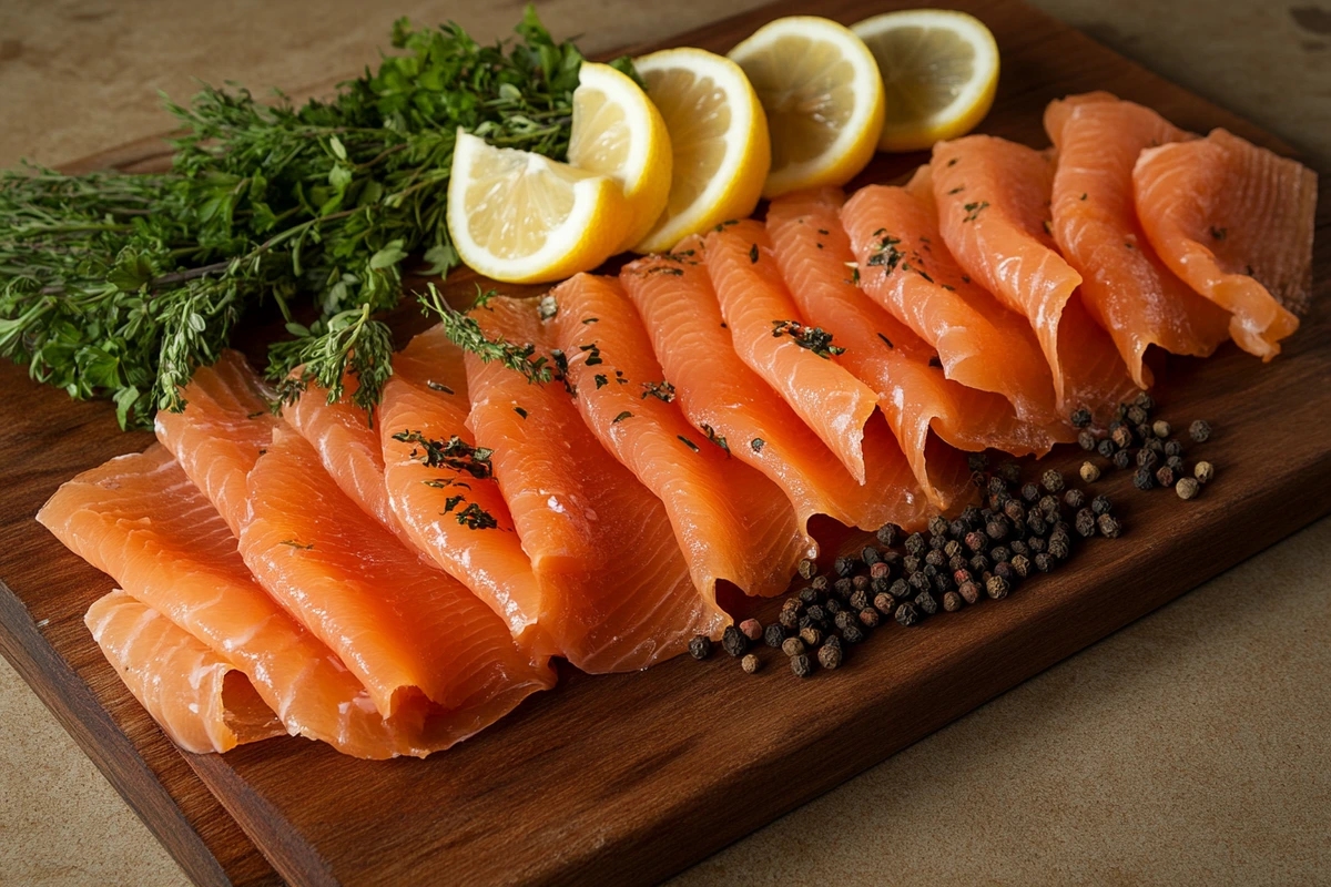 Cold and hot smoked salmon varieties with herbs and lemon.