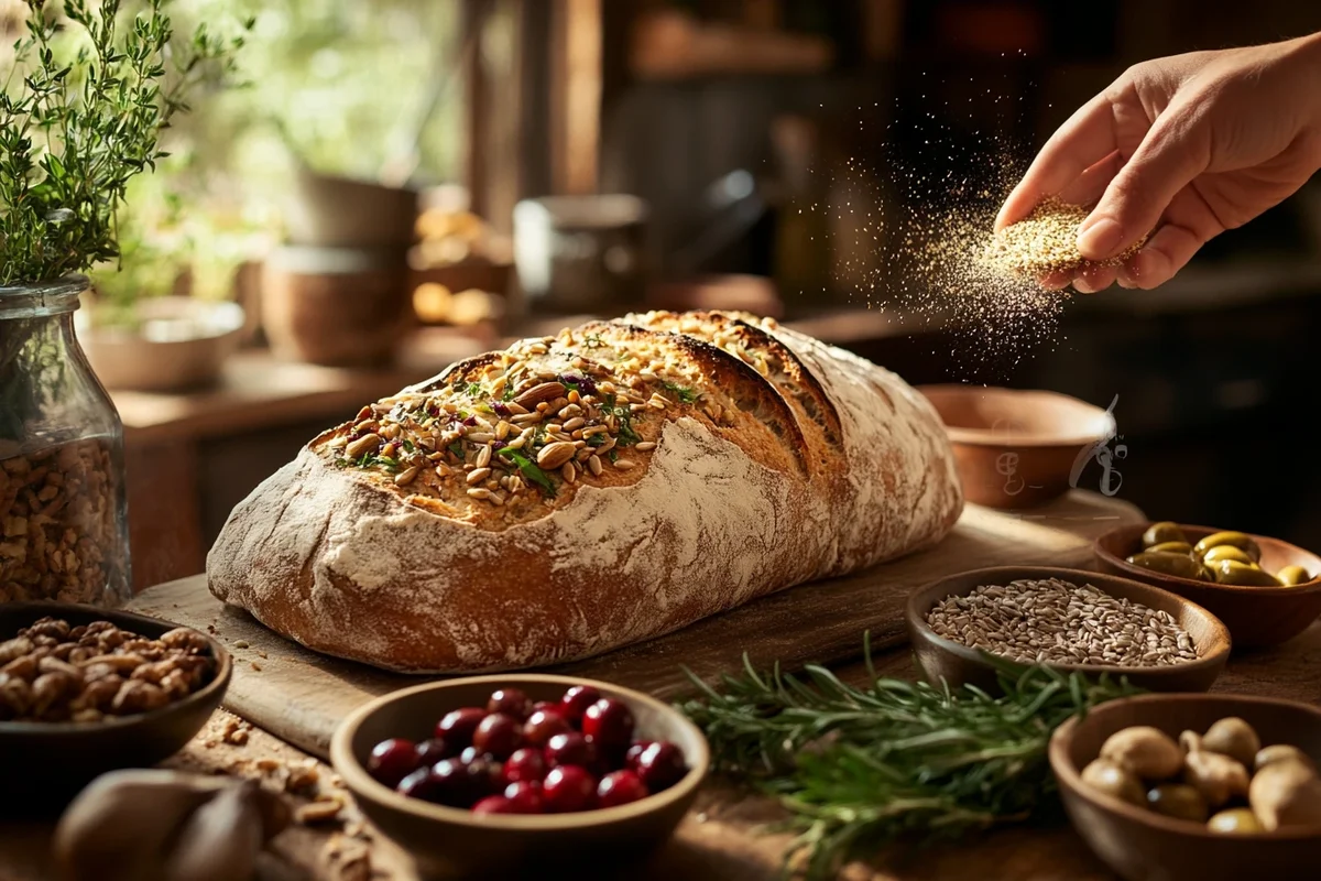 Sourdough bread surrounded by mix-ins like seeds, cranberries, walnuts, and herbs, with a hand adding seeds to the dough.