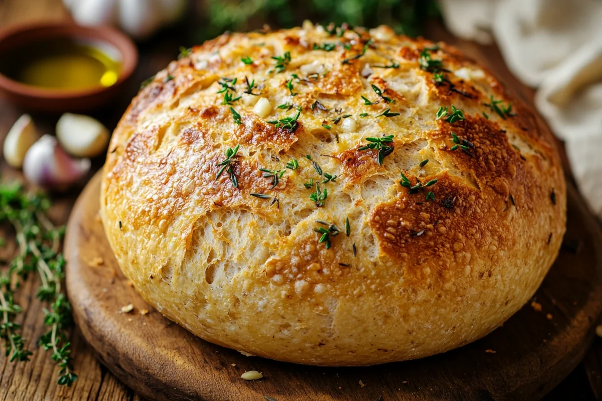 Freshly baked sourdough loaf topped with garlic, rosemary, and thyme, surrounded by fresh herbs and garlic cloves.