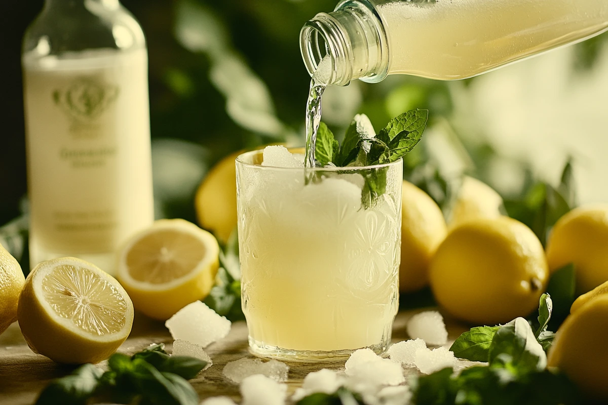 A bottle of Owen’s Classic Lemonade being poured into a glass of ice, surrounded by lemons and fresh herbs.