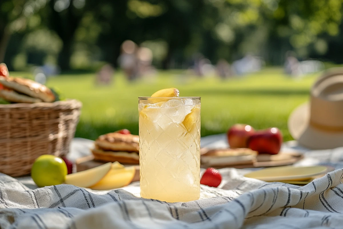 A glass of NÜTRL Classic Lemonade on a picnic blanket with sandwiches and fruits in a sunny park.