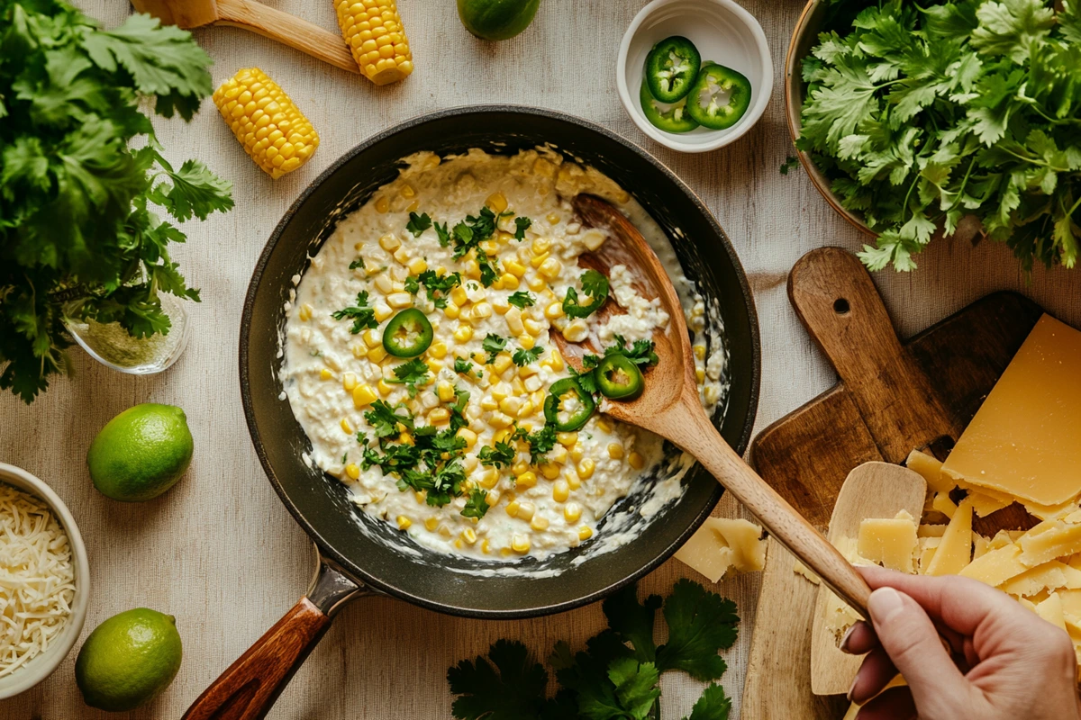 Step-by-step preparation of Mexican corn dip in a skillet and mixing bowl