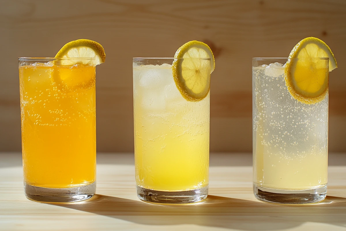 Side-by-side comparison of Frostie Classic Lemonade with two other lemonades in clear glasses, showing differences in color and fizz.