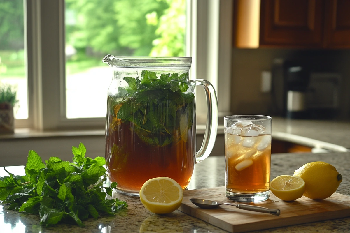 A pitcher of homemade iced tea with fresh mint, lemon slices, and honey on a kitchen countertop.