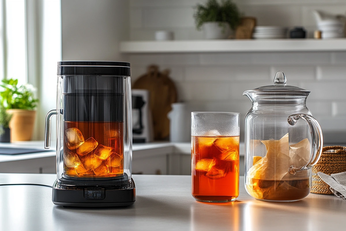 Comparison between an electric iced tea maker and traditional stovetop brewing methods.